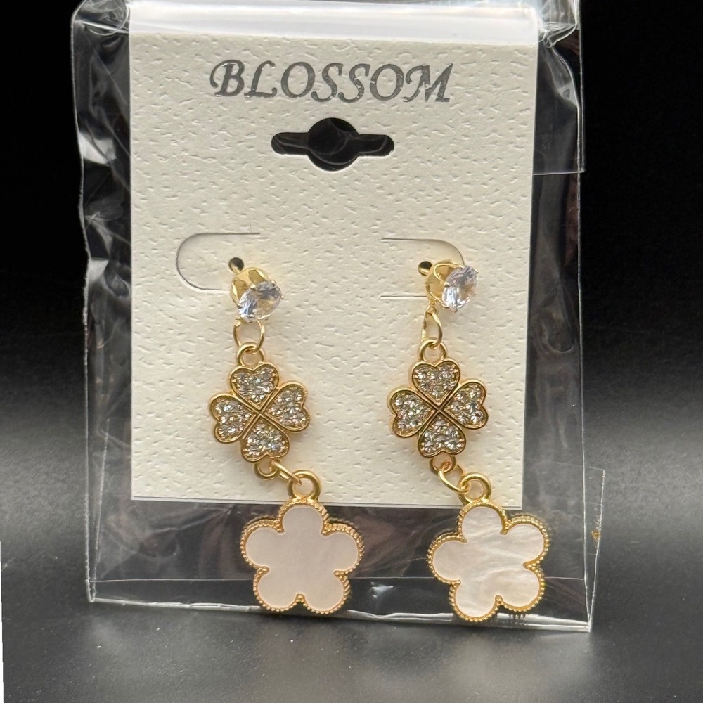 Blossom Womens Gold Tone Flower Dangle Earrings Rhinestone White Inlay